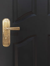 A large view of a natural brass passage door lever set