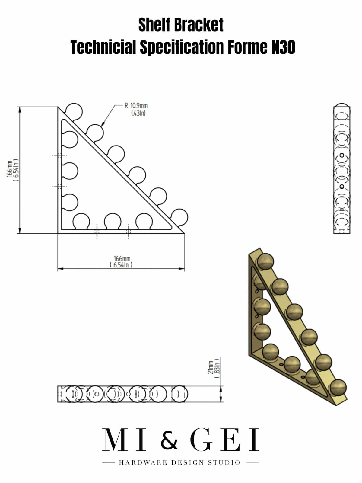 A technical specification of the decorative shelf bracket