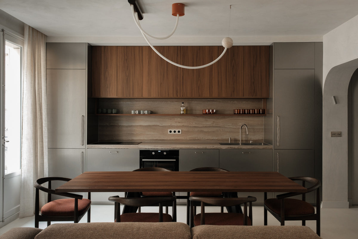 Wooden and metal kitchen, nickel pulls