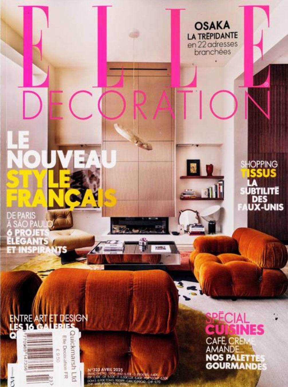 Cover of ELLE Decoration magazine featuring a modern living room with orange sofas.