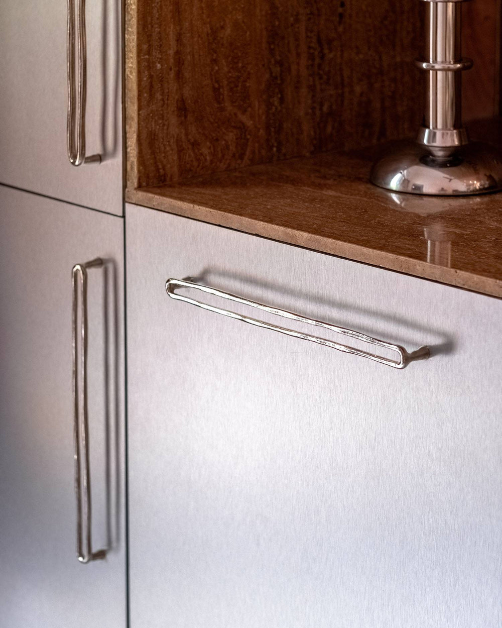 KITCHEN PULL BAR HANDLE Forme N°23 - Centers 12.4″ in Nickel finish — front view | Mi&Gei Hardware Design Studio | Solid B...