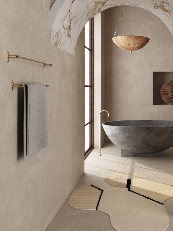 Mi&Gei towel bars in solid brass, plaster bathroom with marble arch
